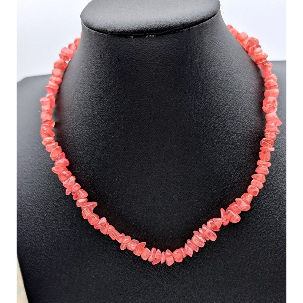 Pink Quartz Chip Bead Necklace Silver Tone Lobster Clasp Boho Natural Stone 16in